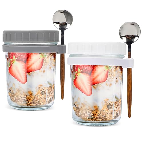 Piashow Glas Müslibecher to go mit Löffel, Joghurtbecher to go Joghurt Gläser mit Deckel 350ml Joghurtbecher Overnight Oats Gläser, Luftdicht Behälter für Müsli Milch Früchte (Weiß+Grau) von Piashow