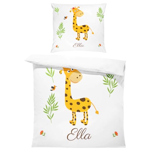 Pictogogo Personalisierte Baby Bettwäsche mit süßen Giraffe, Wählbare Unterfarbe aus Baumwolle, Kinderbettwäsche Mit Namen, Babybett Komplett Set Mit Reißverschluss (Giraffen 2, 80 x 80 cm) von Pictogogo