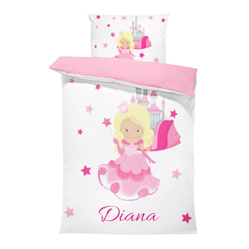 Pictogogo Personalisierte Baby Bettwäsche mit Prinzessin, Wählbare Unterfarbe aus Baumwolle, Prinzessin Bettwäsche Mit Namen, Babybett Komplett Set Mit Reißverschluss (Prinzessin, 135 x 200 cm) von Pictogogo