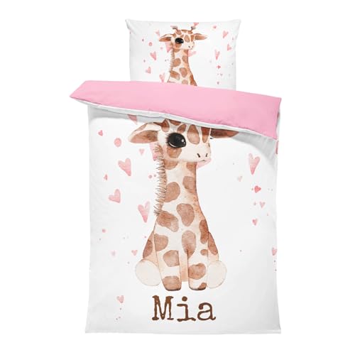 Pictogogo Personalisierte Baby Bettwäsche mit Giraffe 100 x 135 cm, Wählbare Unterfarbe aus Baumwolle, Kinderbettwäsche Mit Namen 135x100, Babybett Komplett Set Mit Reißverschluss von Pictogogo