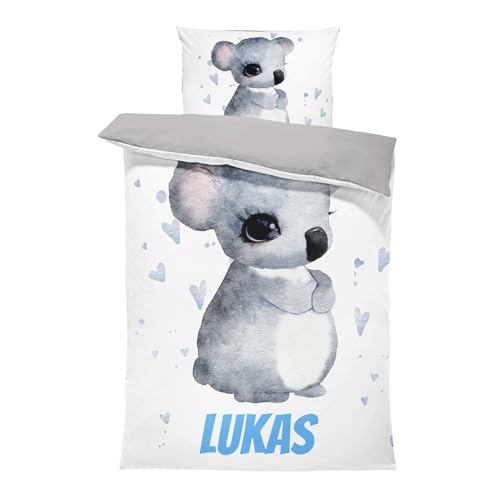 Pictogogo Personalisierte Baby Bettwäsche mit Koala - 100 x 135 cm, Wählbare Unterfarbe aus Baumwolle, Kinderbettwäsche Mit Namen, Babybett Komplett Set Mit Reißverschluss von Pictogogo