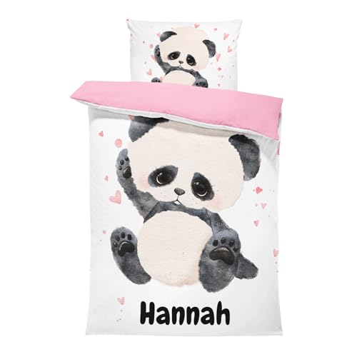 Pictogogo Personalisierte Baby Bettwäsche mit Panda - 100x135cm, Wählbare Unterfarbe aus Baumwolle, Kinderbettwäsche Mit Namen, Babybett Komplett Set Mit Reißverschluss von Pictogogo