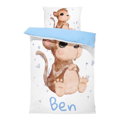 Pictogogo Personalisierte Baby Bettwäsche mit AFFE - 80x80cm, Wählbare Unterfarbe aus Baumwolle, Kinderbettwäsche Mit Namen, Babybett Komplett Set Mit Reißverschluss von Pictogogo