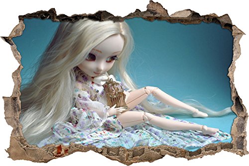 Pixxprint 3D_WD_S1088_92x62 blondes Pullip Püppchen mit goldenem Käfig Wanddurchbruch 3D Wandtattoo, Vinyl, bunt, 92 x 62 x 0,02 cm von Pixxprint