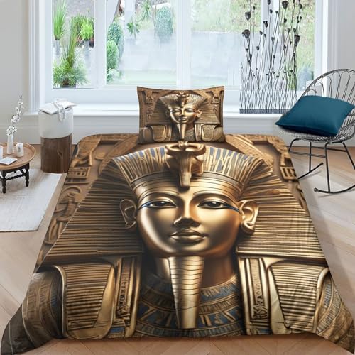 Ägyptischer Pharao Bettbezug-Set, 3D Bettwäsche-Set Bettbezug Mit Reißverschluss, Superfeine Faser, Geschenk-Bettbezug (Single（135x200cm）) von PiyAx