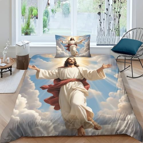 PiyAx Jesus 3D-Gedruckter Bettbezug Mit Kissenbezug Und Bettwäsche-Set Mikrofaser-Bettbezug-Sets Mit Reißverschluss Geeignet Jugendliche Und Kinder (Single（135x200cm）) von PiyAx