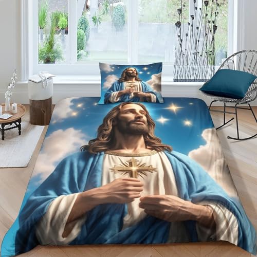PiyAx Jesus Bettbezug-Set, 3D Bettwäsche-Set Bettbezug Mit Reißverschluss, Superfeine Faser, Geschenk-Bettbezug (Single（135x200cm）) von PiyAx