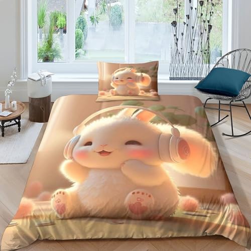 PiyAx Süßer Hase Bedding 3D Bettbezug Mit Kissenbezug Mikrofaser Bettwäsche Mit Reißverschluss Für Geeignet Für Familien Jugendliche Und Kinder Single（135x200cm） von PiyAx