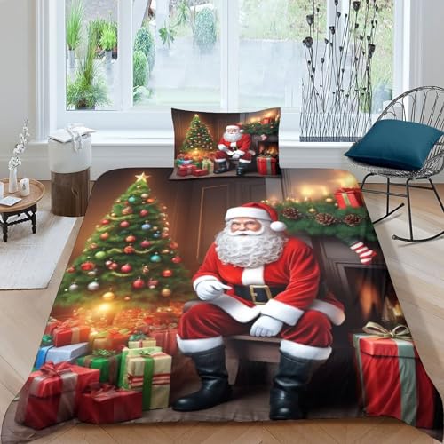 PiyAx Weihnachtsmann Bettbezug-Set, 3D Bettwäsche-Set Bettbezug Mit Reißverschluss, Superfeine Faser, Geschenk-Bettbezug (Single（135x200cm）) von PiyAx
