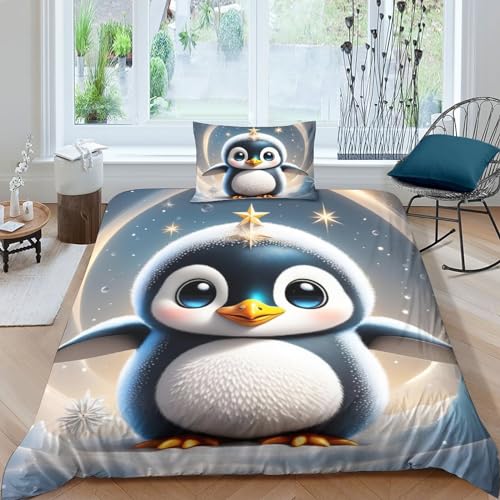 süßer Pinguin Bettbezug Mit 3D Bettwäscheset Mit Kissenbezügen, Mikrofaser-Bettbezug-Sets, Geeignet Jugendliche Und Kinder (Single（135x200cm）) von PiyAx