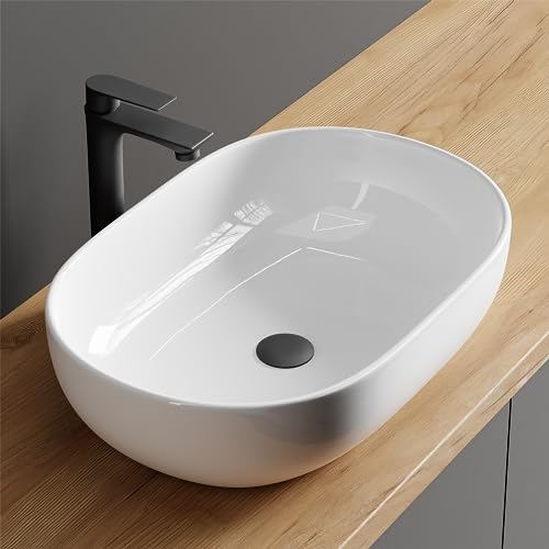 Planetmöbel Aquil Deluxe Waschbecken Oval | Aufsatzwaschbecken für Badezimmer und Gäste-WC | Handwaschbecken ohne Hahnloch und Überlauf | weiß, 60 x 40 x15 cm von Planetmöbel