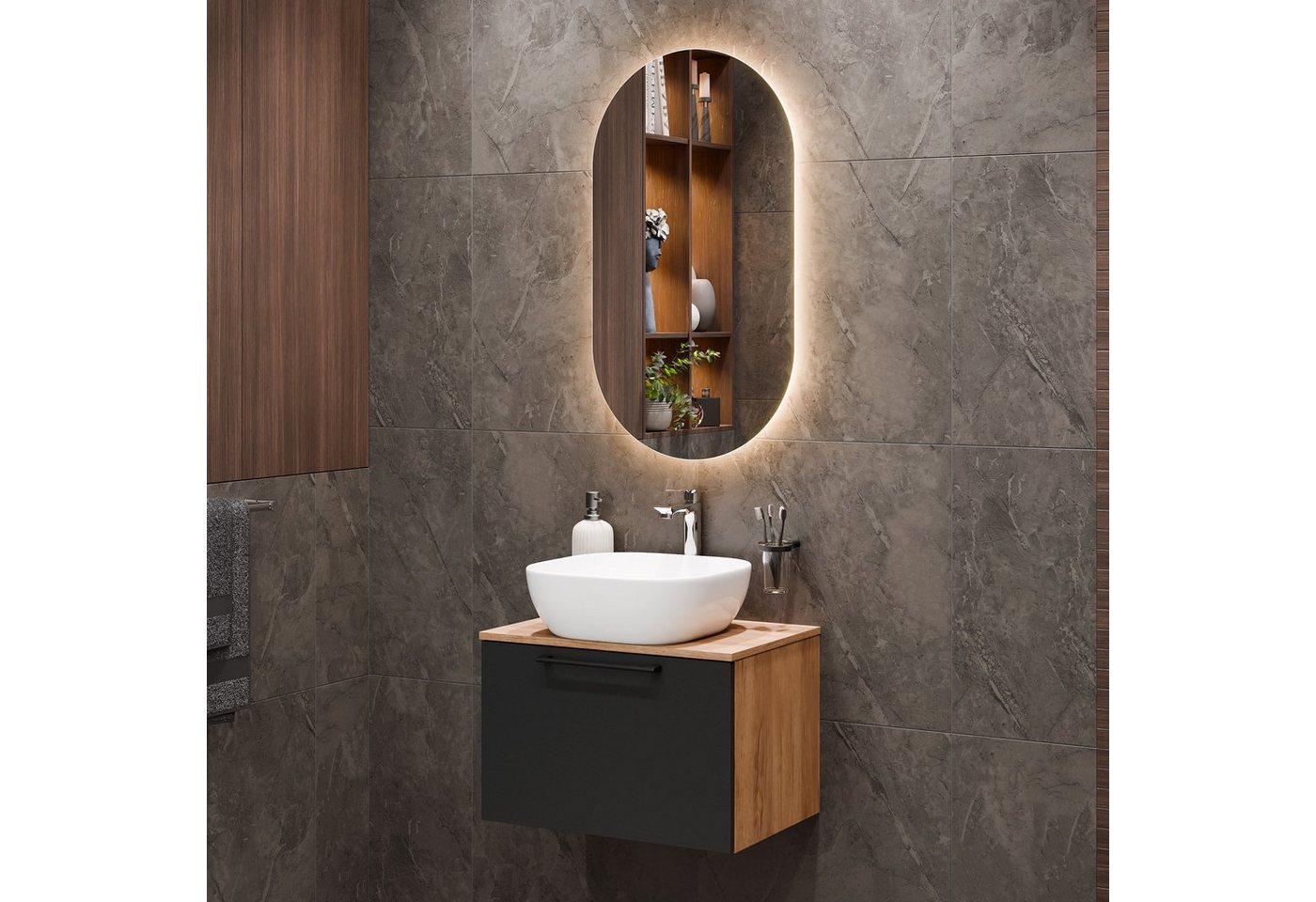 Planetmöbel Badmöbel-Set Astra, (Badezimmer Möbel im modernen Design, 3-St), Waschtisch und Waschbecken weiß mit Spiegel von Planetmöbel