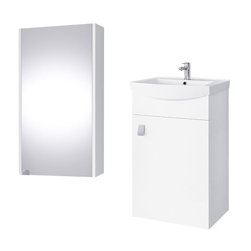 Planetmöbel Badmöbel Set aus Waschtisch + Waschbecken + Spiegelschrank, Gäste Bad WC, Farbe Weiß von Planetmöbel