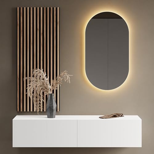 Planetmöbel Flur Möbel Garderobe 1x 140cm weiß, Wandpaneel 50cm Gold Eiche/Anthrazit mit Spiegel 50cm (ohne LED), Wandgarderobe 32,5H x 140B x 37,8T cm von Planetmöbel