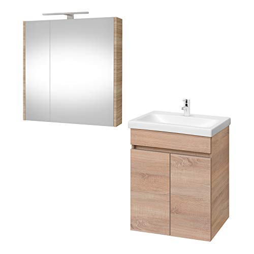 Planetmöbel Waschtisch + Spiegelschrank Badmöbel Set 64cm für Badezimmer WC (Sonoma Eiche) von Planetmöbel