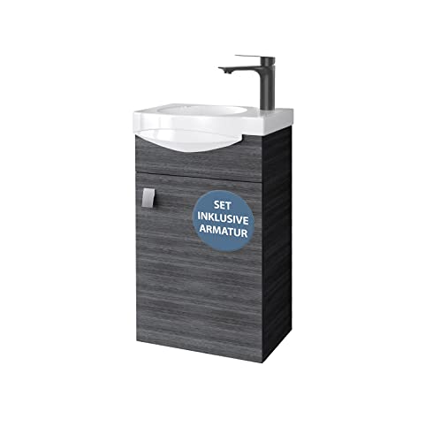 Planetmöbel Waschtischunterschrank 40 cm in Anthrazit mit Waschbecken & Armatur in Schwarz matt, Badezimmmer Möbel für Gäste WC von Planetmöbel