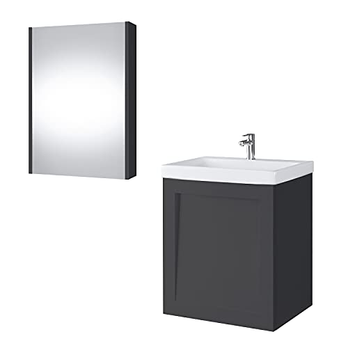Planetmöbel Waschtischunterschrank Keramikwaschbecken Spiegelschrank Badmöbel Set 50cm matt (Anthrazit matt) von Planetmöbel