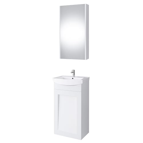Planetmöbel Waschtischunterschrank Keramikwaschbecken Spiegelschrank Gäste WC Badmöbel Set 45cm matt (Weiß matt) von Planetmöbel