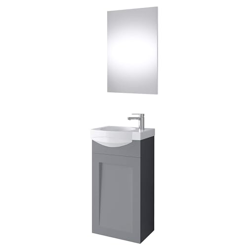 Planetmöbel Waschtischunterschrank Keramikwaschbecken mit Spiegel Gäste WC Badmöbel Set 40cm matt (Grau matt) von Planetmöbel