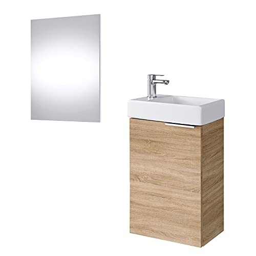 Planetmöbel Waschtischunterschrank mit Spiegel, Badmöbel Set 40cm für Badezimmer Gäste WC Sonoma Eiche von Planetmöbel