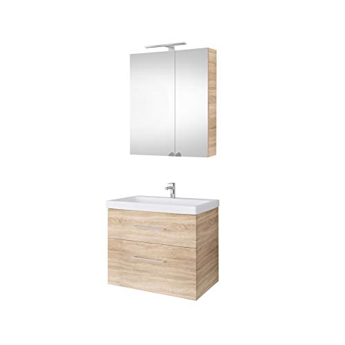 Planetmöbel Waschtischunterschrank 64cm mit Spiegelschrank Badmöbel Set für Badezimmer Gäste WC Sonoma Eiche von Planetmöbel