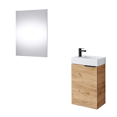 Planetmöbel Waschtischunterschrank mit Spiegel Badmöbel Set 40cm für Badezimmer Gäste WC Gold Eiche von Planetmöbel