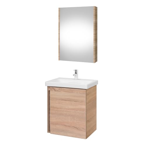 Planetmöbel Waschbeckenunterschrank mit Keramikwaschbecken & Spiegelschrank 50cm in Sonoma Eiche, modernes Badmöbel Set für Badezimmer WC von Planetmöbel