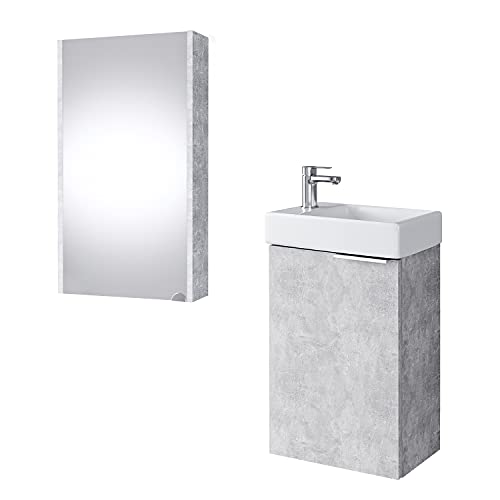 Planetmöbel Waschtischunterschrank mit Spiegelschrank Badmöbel Set 40cm für Badezimmer Gäste WC Beton von Planetmöbel