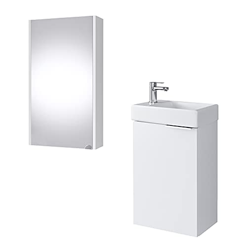 Planetmöbel Waschtischunterschrank mit Spiegelschrank Badmöbel Set 40cm für Badezimmer Gäste WC Weiß von Planetmöbel
