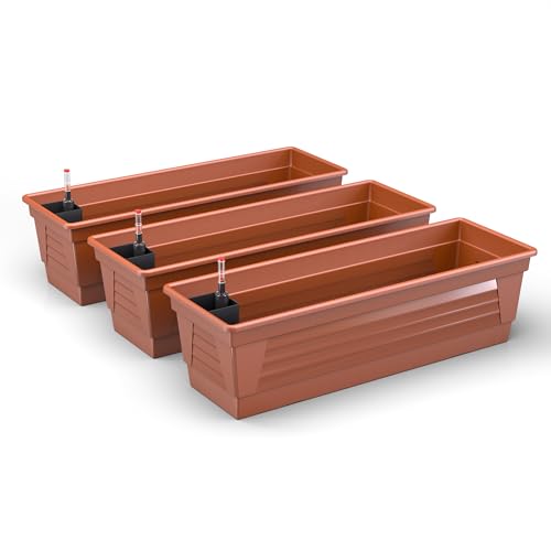 Blumenkasten Milano 3er Set 80 cm lang Farbe Terrakotta mit Wasserspeicher und Wasserstandsanzeige Pflanzkasten für Garten und Balkon witterungsbeständig für Innen und Außen von Plastard