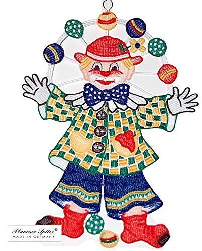 Plauener Spitze Fensterbild 22x31 cm + Saugnapf Stickerei Clown Fsching Karneval bunt Spitzenbild Kinderzimmer von Plauener Spitze