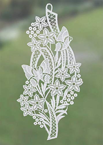 Plauener Spitze Fensterbild Frühling Blumen HXB ca.37 x 17 cm weiß von Plauener Spitze