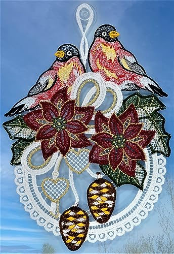 Plauener Spitze Fensterbild Weihnachten Gimpel Fensterdekoration Weihnachtsdekoration 27 cm Vögel Mehrfarbig incl. Saugnapf von Plauener Spitze