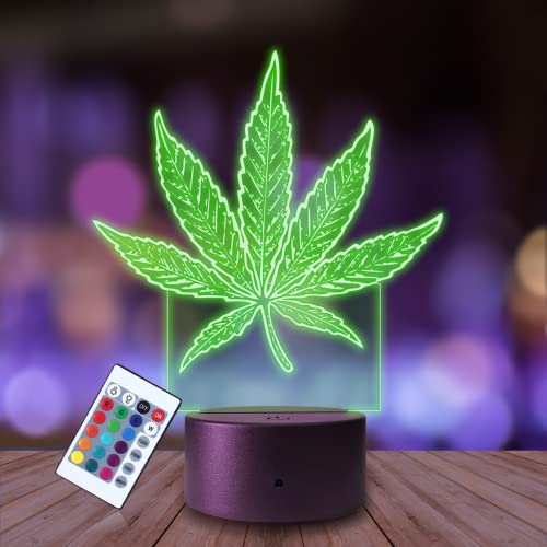 Plexido Nachtlicht Marihuana Cannabisblatt Cannabis Illusion Lampe 3D Nachttischlampe Geschenk für Kinder Personalisiert Graveur Weltraum Kinderzimmer LED Licht Fernbedienung 16 Farbwechsel von Plexido
