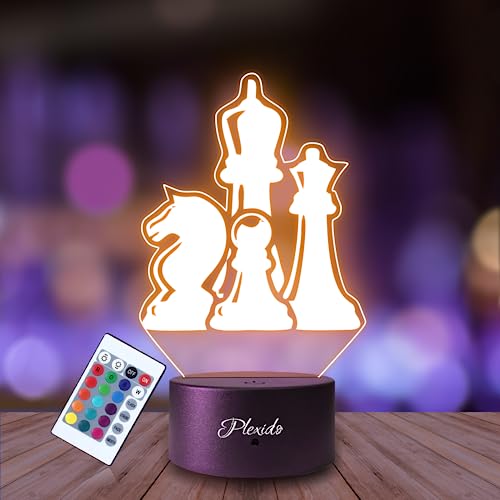 PLEXIDO Nachtlicht Schachbrett Schachfiguren Gambit Illusion Lampe 3D Nachttischlampe Geschenk für Kinder Personalisiert Graveur Weltraum Kinderzimmer LED Licht Fernbedienung 16 Farbwechsel Wohnzimmer von Plexido