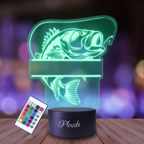 Plexido Nachtlicht Angeln Angelrute Angler Fisch Illusion Lampe 3D Nachttischlampe Geschenk für Kinder Personalisiert Graveur Weltraum Kinderzimmer LED Licht Fernbedienung 16 Farbwechsel Wohnzimmer von Plexido