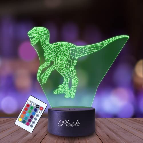 Plexido Nachtlicht Dinosaurier Velociraptor Raptor Illusion Lampe 3D Nachttischlampe Geschenk für Kinder Personalisiert Graveur Weltraum Kinderzimmer LED Licht Fernbedienung 16 Farbwechsel Wohnzimmer von Plexido