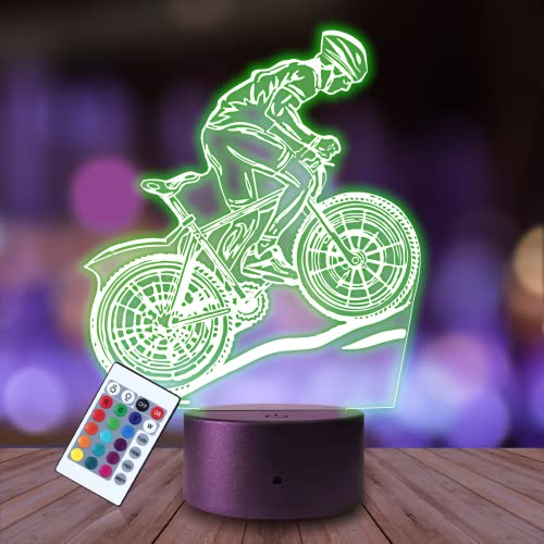 Plexido Nachtlicht Fahrrad Radfahrer Radfahren Illusion Lampe 3D Nachttischlampe Geschenk für Kinder Personalisiert Graveur Weltraum Kinderzimmer LED Licht Fernbedienung 16 Farbwechsel Wohnzimmer von Plexido