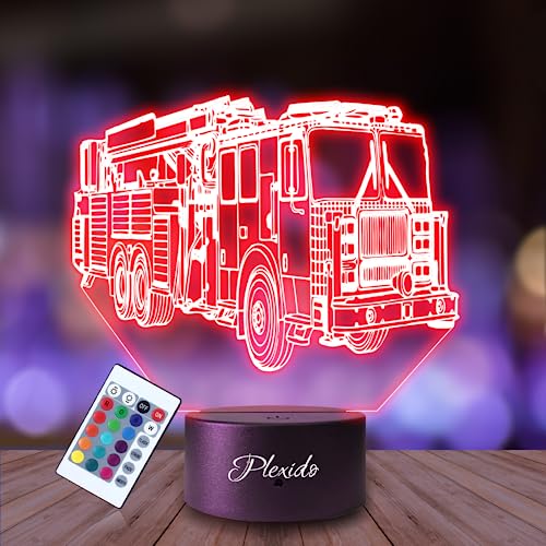 Plexido Nachtlicht Feuerwehr Feuerwehrauto Feuerwehrmann Illusion Lampe 3D Nachttischlampe Geschenk für Kinder Personalisiert Graveur Weltraum Kinderzimmer LED Licht Fernbedienung 16 Farbwechsel von Plexido