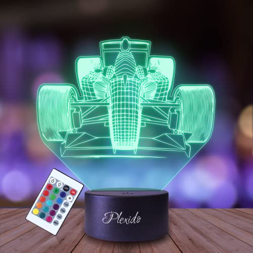 Plexido Nachtlicht Formel 1 Rennen Autorennen Illusion Lampe 3D Nachttischlampe Geschenk für Kinder Personalisiert Graveur Weltraum Kinderzimmer LED Licht Fernbedienung 16 Farbwechsel Wohnzimmer von Plexido