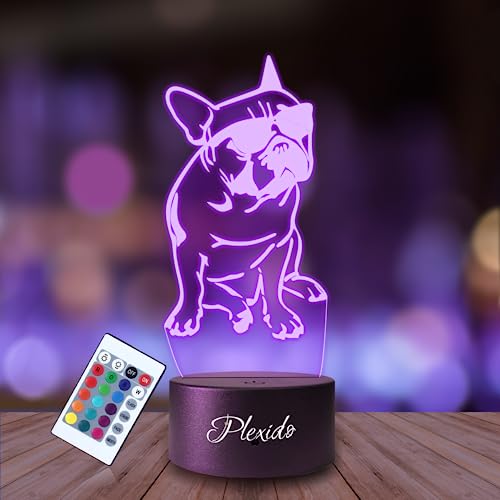 Plexido Nachtlicht Französische Bulldogge Hund Illusion Lampe 3D Nachttischlampe Geschenk für Kinder Personalisiert Graveur Weltraum Kinderzimmer LED Licht Fernbedienung 16 Farbwechsel Wohnzimmer von Plexido