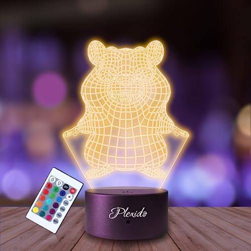 Plexido Nachtlicht Hamster Meerschweinchen Illusion Lampe 3D Nachttischlampe Geschenk für Kinder Personalisiert Graveur Weltraum Kinderzimmer LED Licht Fernbedienung 16 Farbwechsel Wohnzimmer von Plexido