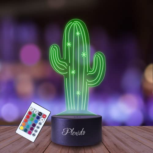 Plexido Nachtlicht Kaktus Wüste Anlage Illusion Lampe 3D Nachttischlampe Geschenk für Kinder Personalisiert Graveur Weltraum Kinderzimmer LED Licht Fernbedienung 16 Farbwechsel Wohnzimmer Dekoration von Plexido