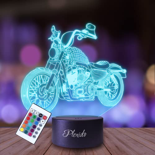 Plexido Nachtlicht Motor Motorrad Zweiräder Illusion Lampe 3D Nachttischlampe Geschenk für Kinder Personalisiert Graveur Weltraum Kinderzimmer LED Licht Fernbedienung 16 Farbwechsel Wohnzimmer von Plexido