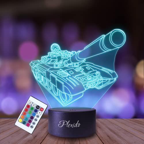 Plexido Nachtlicht Panzer Militärpanzer Tanks Illusion Lampe 3D Nachttischlampe Geschenk für Kinder Personalisiert Graveur Weltraum Kinderzimmer LED Licht Fernbedienung 16 Farbwechsel Wohnzimmer von Plexido
