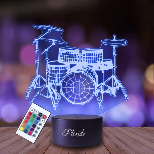 Plexido Nachtlicht Schlagzeug Instrument Musik Illusion Lampe 3D Nachttischlampe Geschenk für Kinder Personalisiert Graveur Weltraum Kinderzimmer LED Licht Fernbedienung 16 Farbwechsel Wohnzimmer von Plexido