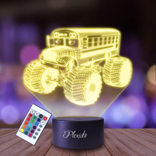 Plexido Nachtlicht Schulbus Bus Roadster Auto Monstertrucks Illusion Lampe 3D Nachttischlampe Geschenk für Kinder Personalisiert Graveur Weltraum Kinderzimmer LED Licht Fernbedienung 16 Farbwechsel von Plexido