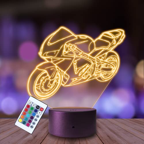 Plexido Nachtlicht Zweiräder Motor Motorrad Illusion Lampe 3D Nachttischlampe Geschenk für Kinder Personalisiert Graveur Weltraum Kinderzimmer LED Licht Fernbedienung 16 Farbwechsel Wohnzimmer von Plexido
