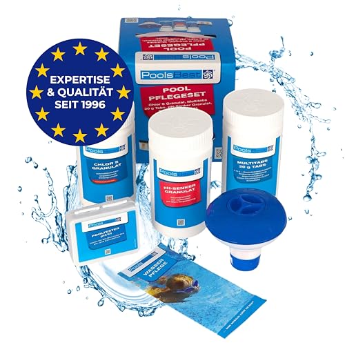 PoolsBest Pool Starter Set 5 in 1 I Pool-Reinigungsset komplett zur Wasserpflege I Pool Zubehör Set für Einsteiger I Mini-Multitabs, Dosierschwimmer, Pooltester, pH-Senker, Chlorgranulat & Anleitung von PoolsBest