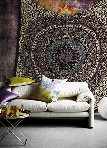 Hippie Mandala Bohemian Psychedelische Filigrane Blumenmuster Indische Bedspread magisches Denken Tapestry 84x90 Zoll, (215x230cms) Hellgrün Rot von Popular Handicrafts